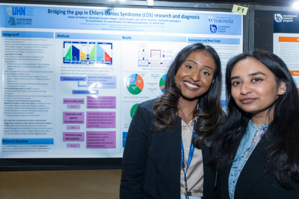 two women standing in front of a poster